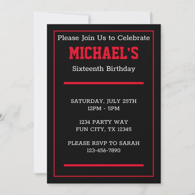 Teen Boy Red and Black Sporty Birthday Invitation (Front)