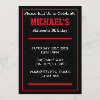 Teen Boy Red and Black Sporty Birthday Invitation