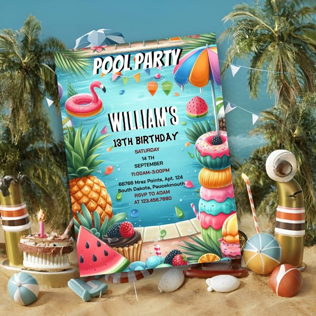 teen boy water blue Cool Pool Party 13th Birthday Invitation (Creator Uploaded)