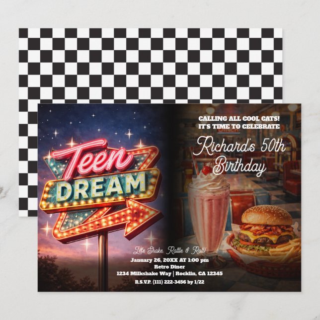 Teen Dream Retro 50's Style Diner Birthday Party Invitation (Front/Back)