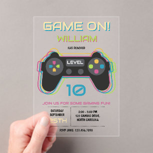 Teen Gaming Gamer Video Game Player Neon Birthday Acrylic Invitations