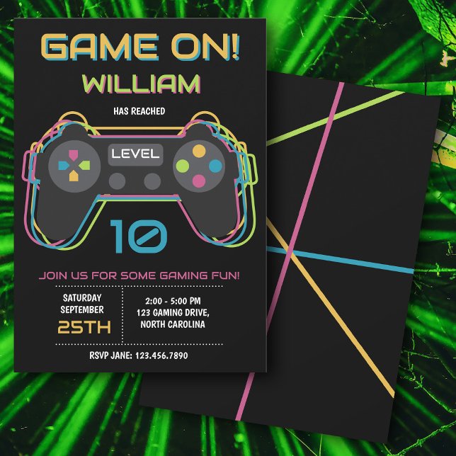 Teen Gaming Gamer Video Game Player Neon Birthday Invitation (Teen Gaming Gamer Video Game Player Neon Birthday Invitation)