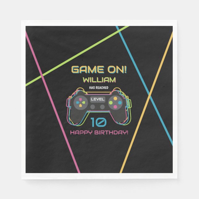 Teen Gaming Gamer Video Game Player Neon Birthday Napkin (Front)