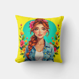 Teen Girl Aesthetic – Floral Cartoon Portrait Cushion