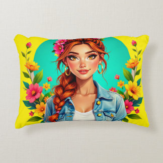 Teen Girl Aesthetic – Floral Cartoon Portrait Decorative Cushion