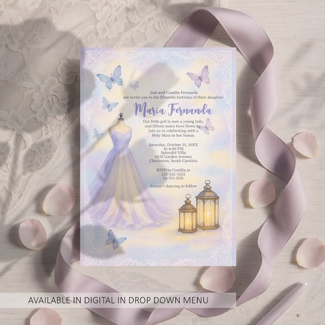 Teen Girl Butterfly Quinceañera Soft Lilac Dress Invitation (Creator Uploaded)