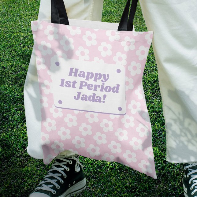Teen Girl First Period Pastel Pink Flower Pattern Tote Bag (In Situ)