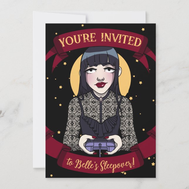 Teen Girl Gothic Gamer Black Red Sleepover Invitation (Front)