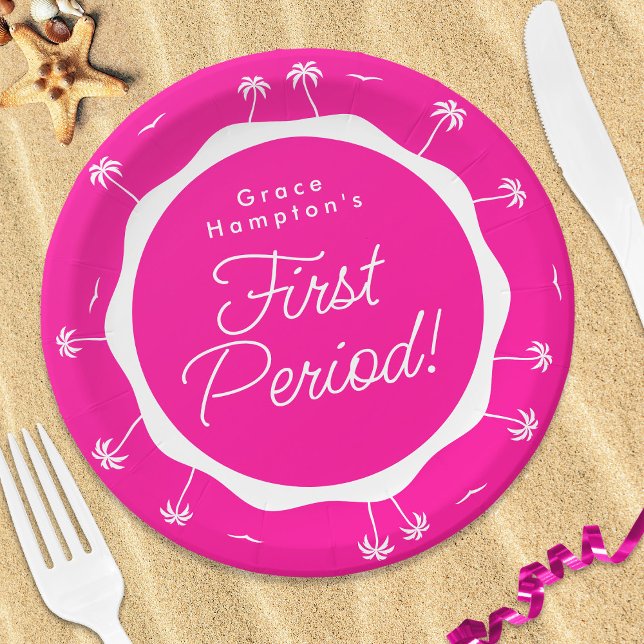 Teen Girl Hot Pink Summer First Period Party Paper Plate (In Situ at beach)