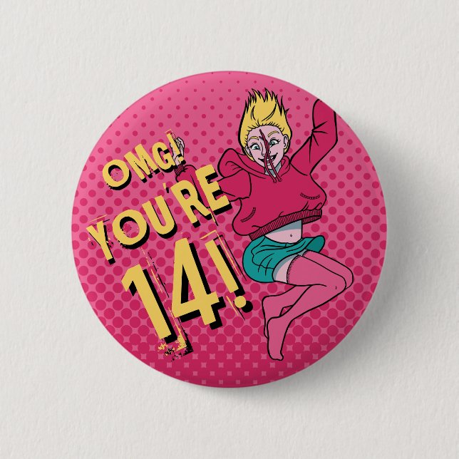 Teen Girl Jumping Pink 14th Birthday 6 Cm Round Badge (Front)