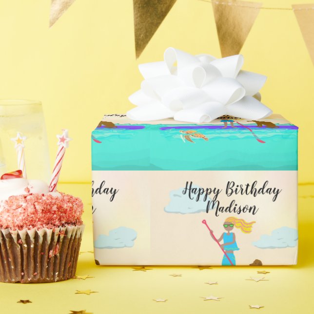 Teen Girl Paddleboard Happy Birthday Personalised Wrapping Paper (Birthday Party)