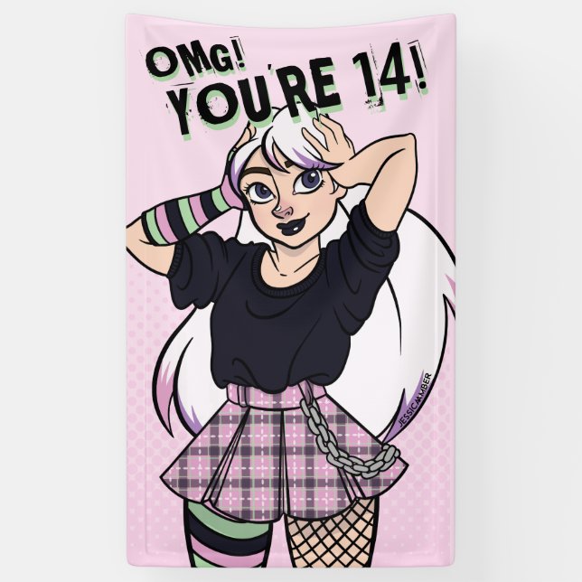 Teen Girl Pink Cartoon Punk 14th Birthday Banner (Vertical)