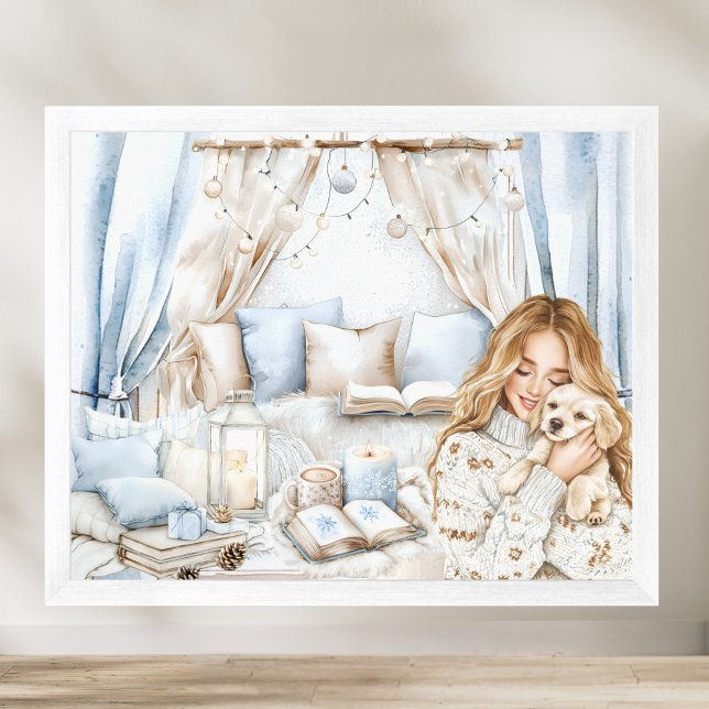 Teen Girl & Puppy in Cosy Winter Blue Bedroom Poster (Creator Uploaded)