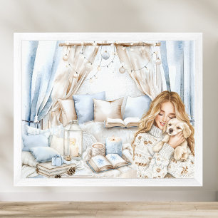 Teen Girl & Puppy in Cozy Winter Blue Bedroom Poster