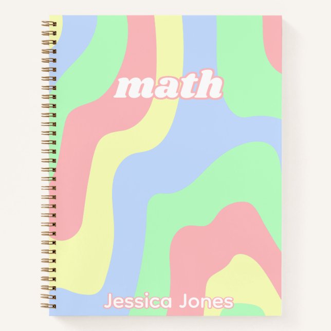 Teen Girl Retro Pink Green Wavy Lines Subject Name Notebook (Front)