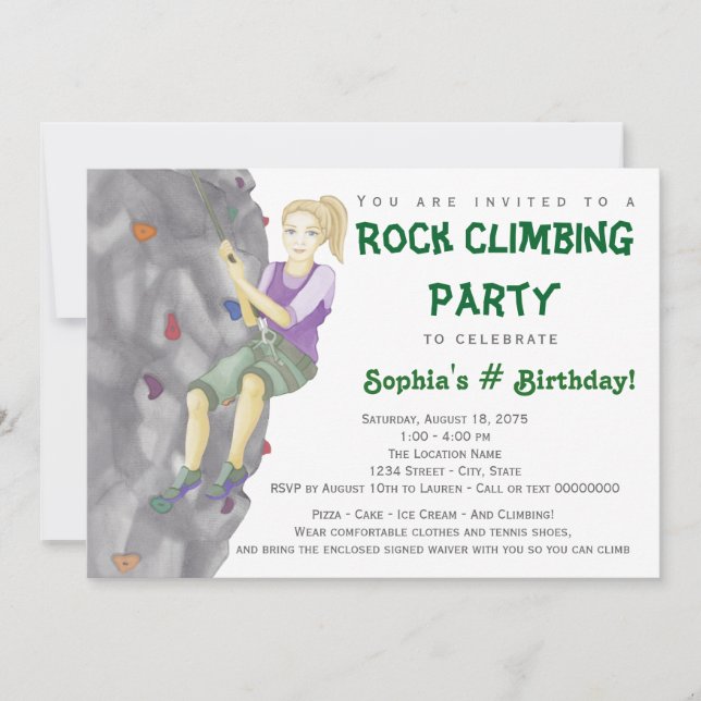 Teen Girl Rock Climbing Birthday Party Invitations (Front)