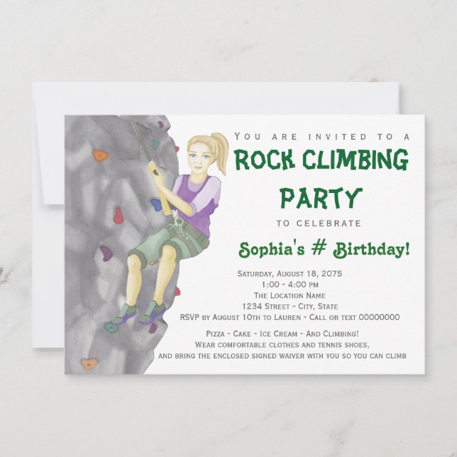 Teen Girl Rock Climbing Birthday Party Invitations (Front)