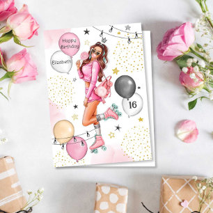 Teen Girl Rollers Balloons Happy Birthday Holiday Card