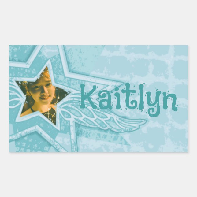Teen girl wings aqua teal blue id photo name rectangular sticker (Front)