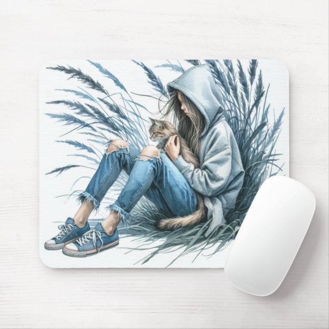 Teen Girl With Pet Cat Mouse Pad (With Mouse)