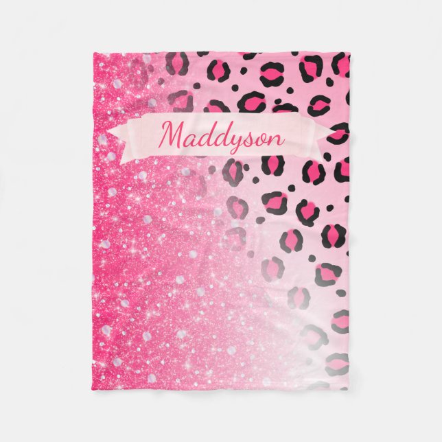 Teen Girls Personalised Sparkly Leopard Print Fleece Blanket (Front)
