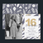Teen Girls Photo 16th Birthday Party Invitation<br><div class="desc">Adorable two-sided teenage girl photograph 16th birthday party invitation in a blue and gold floral design. Invite her friends and family to celebrate her birthday with these custom photo invitations. Customise the front side of the card with her name, date and time of the party, address and rsvp information. You...</div>