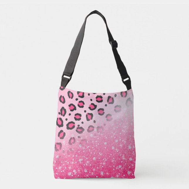 Teen Girls Pink Leopard Print Faux Sparkly Glitter Crossbody Bag (Front)