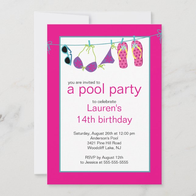 Teen Pool Party Invitation Flip Flops Clothesline (Front)