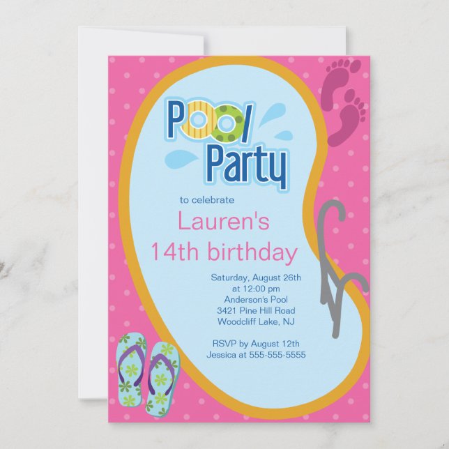 Teen Swimming Pool Party Invitation Flip Flops (Front)