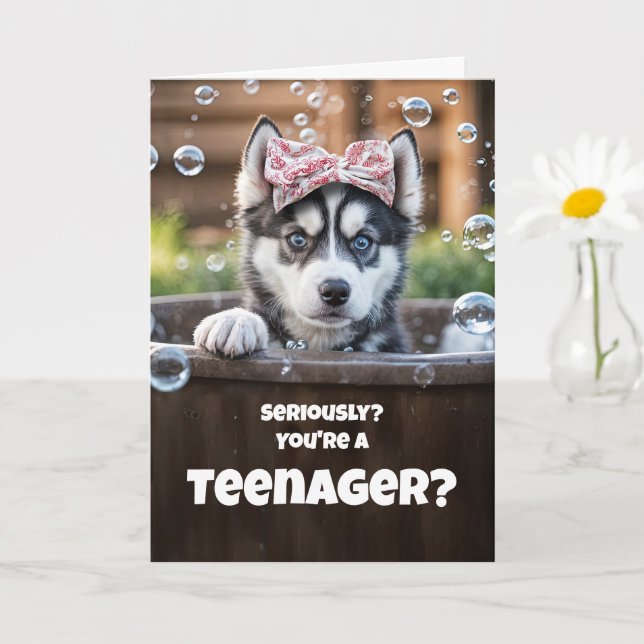 Teen Teenager Happy Birthday Cute Husky Funny Card (Small Plant)