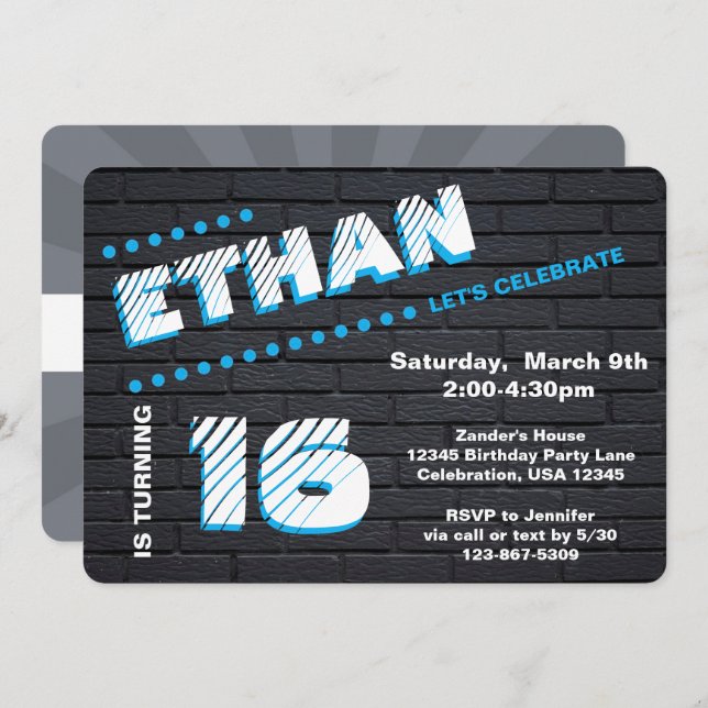 Teen/Tween Graffiti Brick Wall Birthday Boy Party Invitation (Front/Back)