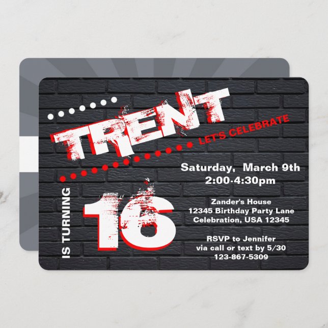 Teen/Tween Graffiti Brick Wall Birthday Boy Party Invitation (Front/Back)