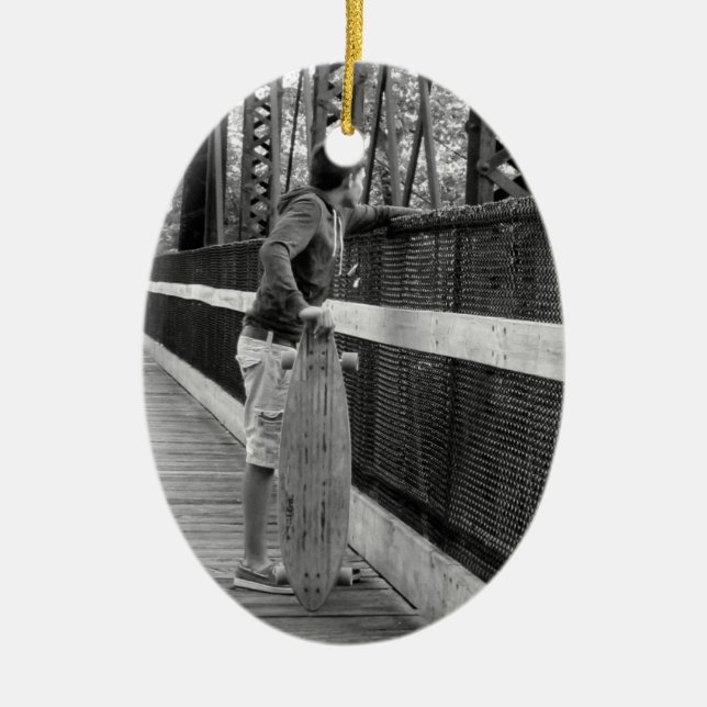 Teen with Longboard Ceramic Tree Decoration (Front)