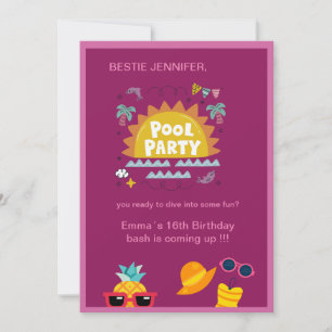 teenage bestie pink pool party splash birthday invitation
