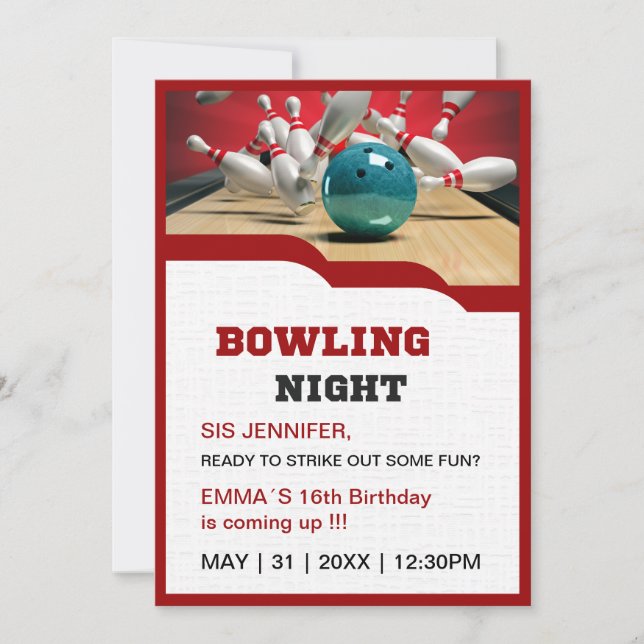 teenage sis strike out bowling fun birthday night  invitation (Front)