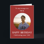 Teenage Son Photo Happy Birthday Card Red<br><div class="desc">https://www.zazzle.co.uk/teenage_son_photo_happy_birthday_card_red-256302284352311275 Photo Birthday card for son from mum, mum, mother. For age 13. The first teenager birthday! Alternatively, you can add any relationship and add ANY AGE of birthday–14th, 15th, 16th, 17th, 18th Add your own selected photo into a red round frame to make this card a special memento gift....</div>