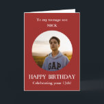 Teenage Son Photo Happy Birthday Card Red<br><div class="desc">https://www.zazzle.co.uk/teenage_son_photo_happy_birthday_card_red-256302284352311275 Photo Birthday card for son from mum, mum, mother. For age 13. The first teenager birthday! Alternatively, you can add any relationship and add ANY AGE of birthday–14th, 15th, 16th, 17th, 18th Add your own selected photo into a red round frame to make this card a special memento gift....</div>