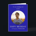 Teenager photo birthday card to son, 13 year old<br><div class="desc">Photo Happy Birthday card for son from mum, mum, mother. For a 13 year old. The first teenager birthday! Alternatively, you can add any relationship and add any age. Add your own selected photo into a blue round frame to make this card a special memento gift. Click on 'Personalise'. Enter...</div>