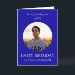 Teenager photo birthday card to son, 13 year old<br><div class="desc">Photo Happy Birthday card for son from mum, mum, mother. For a 13 year old. The first teenager birthday! Alternatively, you can add any relationship and add any age. Add your own selected photo into a blue round frame to make this card a special memento gift. Click on 'Personalise'. Enter...</div>