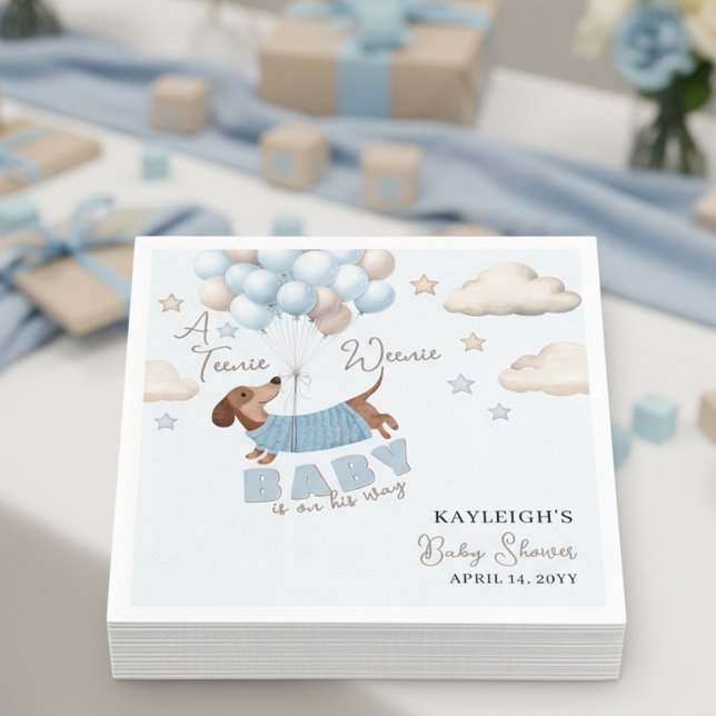 Teenie Weenie Dachshund Balloons Blue Baby Shower Napkin (Baby Shower Napkins. Dachshund and balloons design in blue and beige)