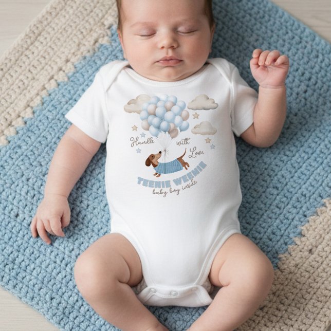 Teenie Weenie Newborn Baby Boy Bodysuit (Teenie Weenie baby boy bodysuit. Dachshund and balloons design in blue and beige)