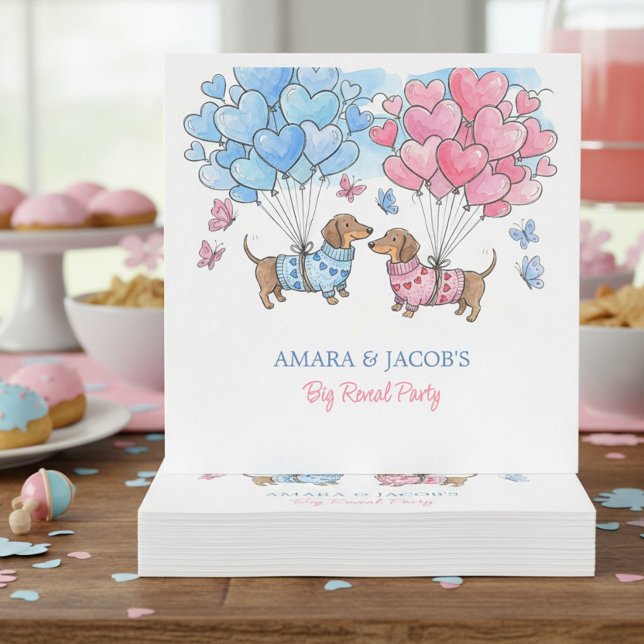 Teenie Weenie Sweetheart Dachshund Gender Reveal Napkin (Party Napkins - Teenie Weenie Sweetheart Dachshund Gender Reveal collection by Darling & May)