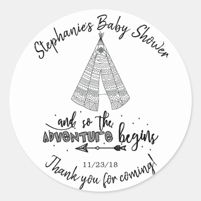 Teepee Adventure Boys Baby Shower Favour Sticker (Front)