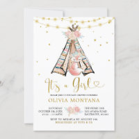 Teepee Pink Floral Fox Baby Shower Invitation