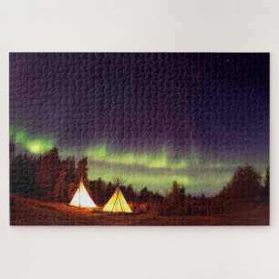 Teepees Camping Campsite Aurora Borealis Night Sky Jigsaw Puzzle