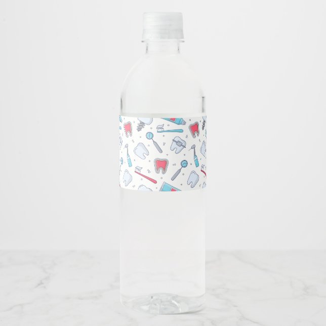 Teeth and Tools Dental Pattern Water Bottle Label (Front)