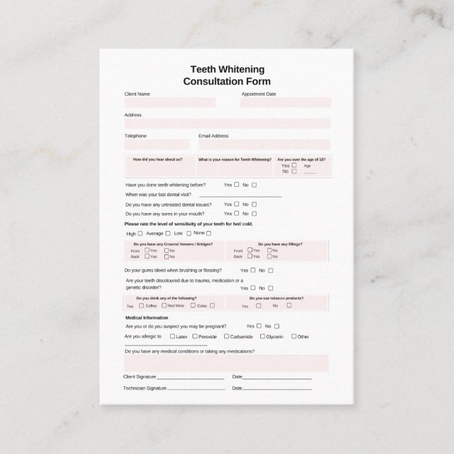 Teeth Whitening Consultation Form Business Card (Front)