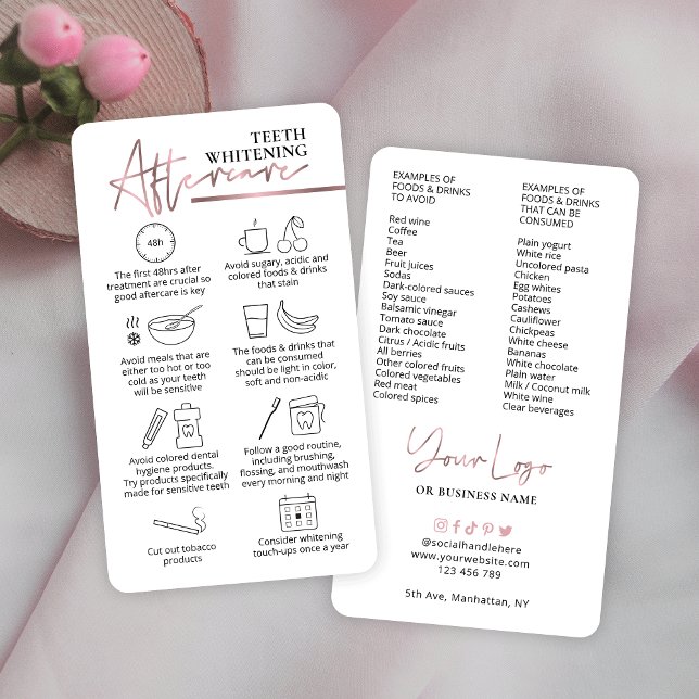 Teeth Whitening Pink Rose Gold Care Instructions Business Card (Creator Uploaded)