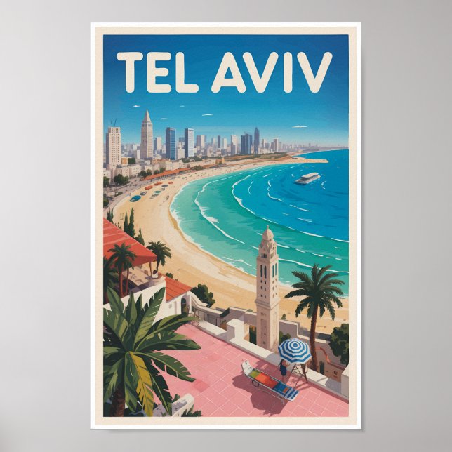 Tel Aviv Israel Illustration Travel Art Vintage Poster (Front)