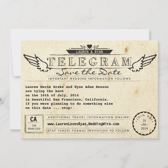 Telegram Vintage Travel Photo Card Save the Date (Front)